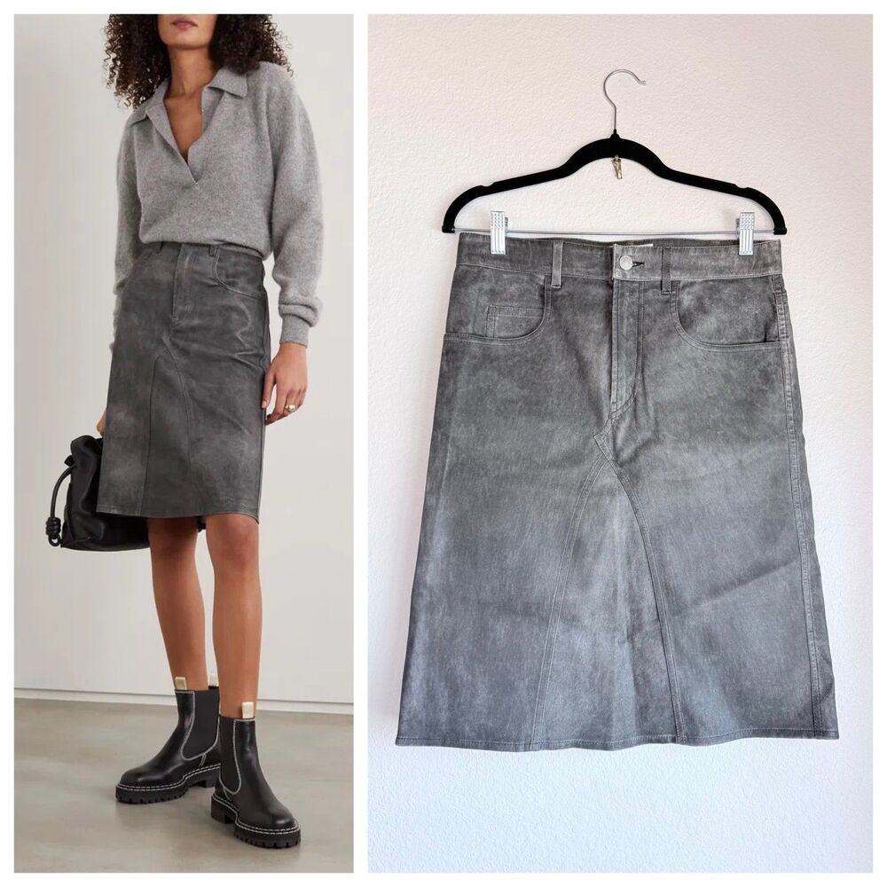 Isabel Marant Etoile Fiali Leather Skirt FR 38 US 6 NWOT Faded Black Gray Midi